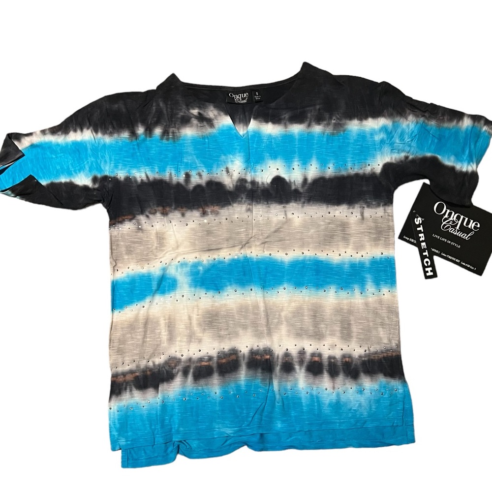 On Que Casuals brand Rhinestone Blue Black White Tie dye Top.